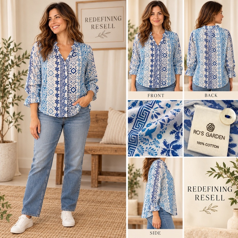 Ro's Garden Blue White Cotton Block Print Ruffle Blouse 3/4 Sleeve Top